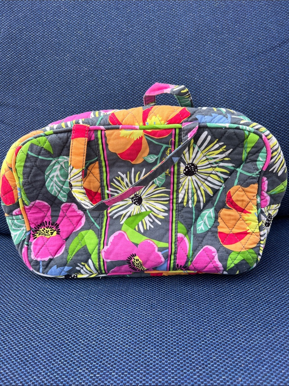 Vera Bradley Gray Quilted Cosmetic Bag with Pink, Orange & Green Floral Print